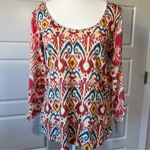 Lucky Print Blouse Long‎ Sleeve Bohemian Tunic Top Colorful Pattern Size Medium